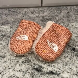 The North Face Kids Fuzzy Mittens Pink Knit Print Logo Size XS